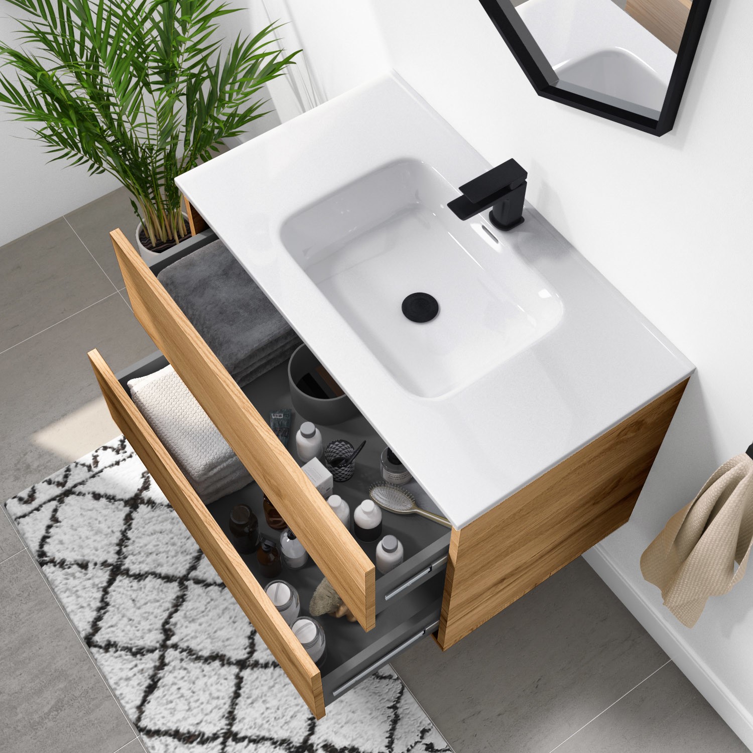 Grade A1 800mm Wood Effect Wall Hung Vanity Unit with Basin Roxbi