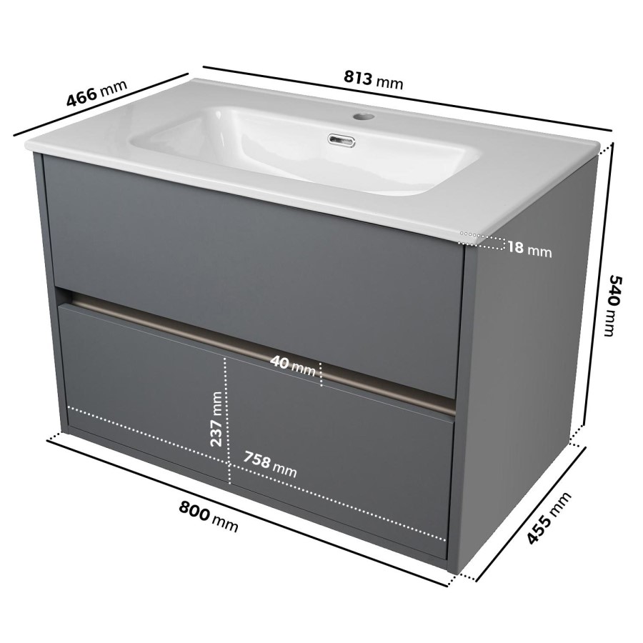 Grade A1 - 800mm Grey Wall Hung Vanity Unit with Basin - Roxbi