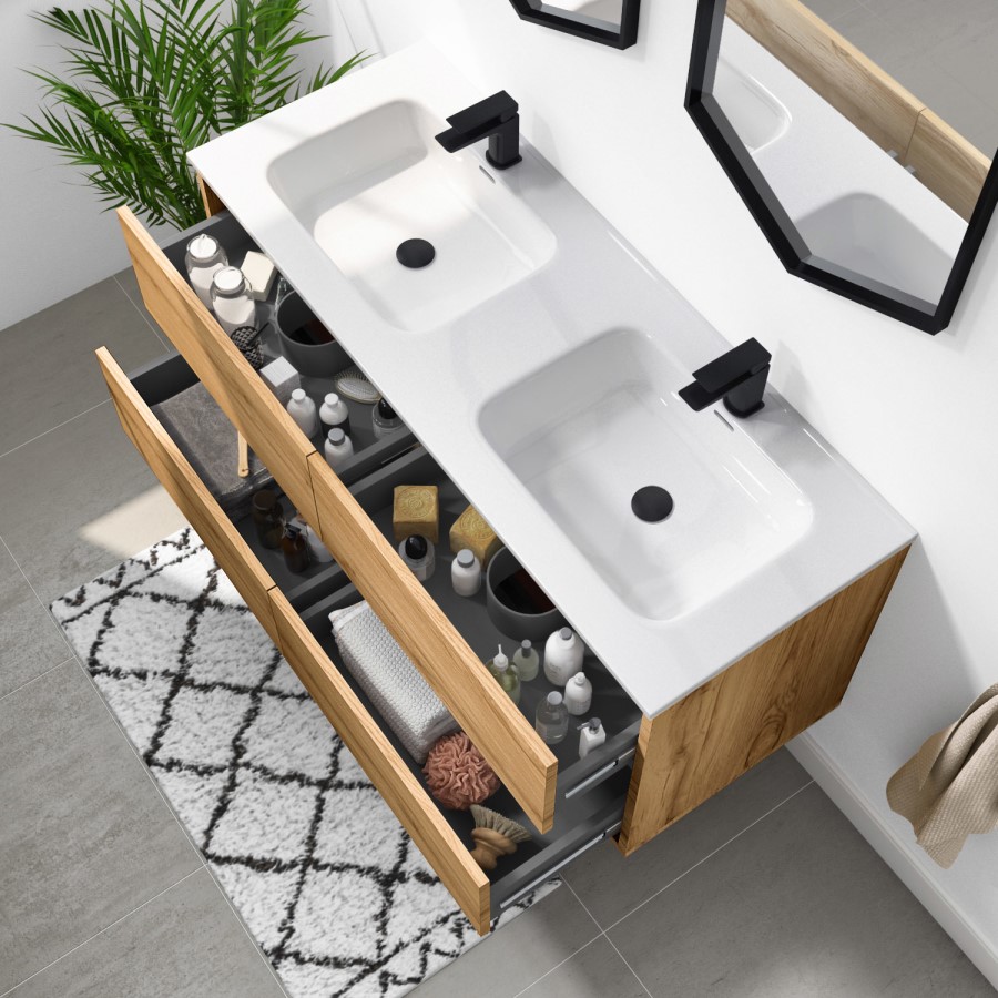 Grade A2 - 1200mm Wood Effect Wall Hung Double Vanity Unit with Basins - Roxbi