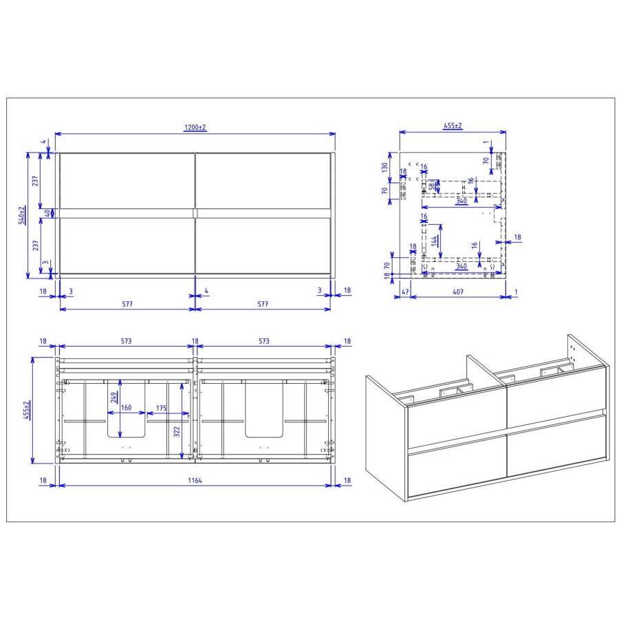 Grade A1 - 1200mm Grey Wall Hung Double Vanity Unit with Basin - Roxbi