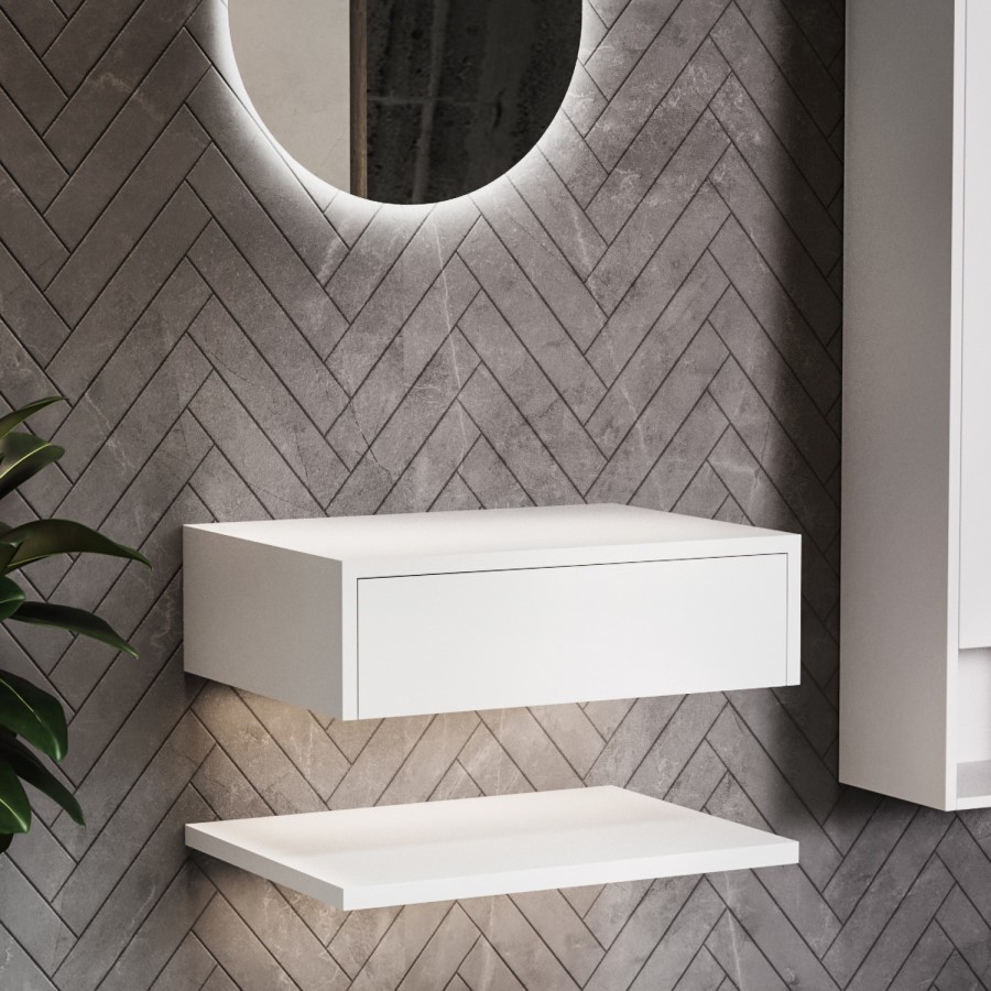 White Wall Hung Vanity Unit with Marble Effect Basin and Wall Mounted Marble Handle Tap - Lorano