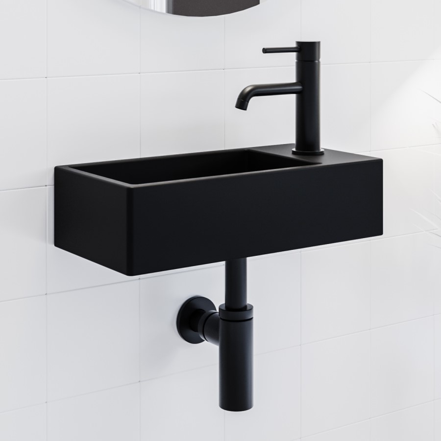 Cloakroom Black Wall Hung Basin Right Hand 405mm and Waste - Detroit