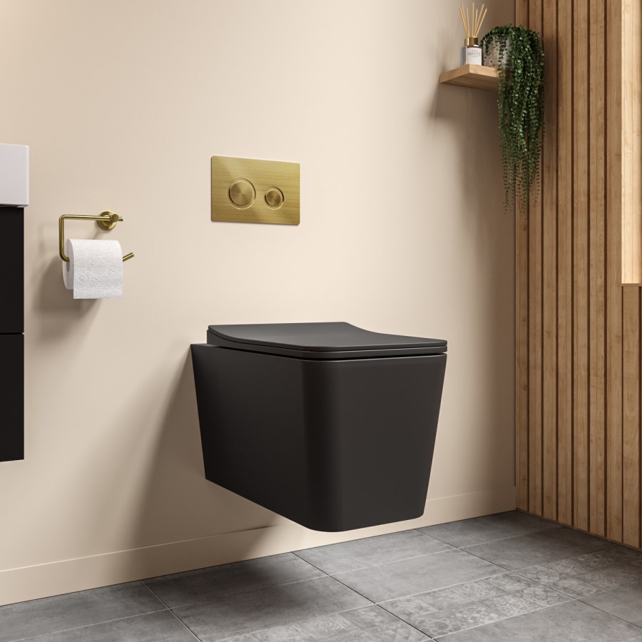 Black Square Wall Hung Rimless Toilet with Soft Close Seat Cistern Frame and Brushed Brass Flush - Augusta