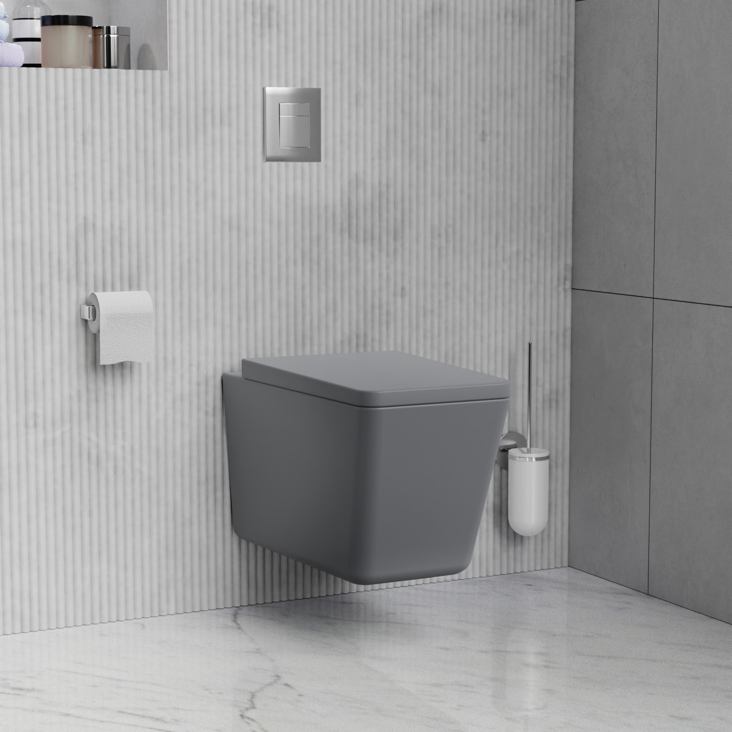 Grey Wall Hung Toilet with Soft Close Seat Frame Cistern and Chrome