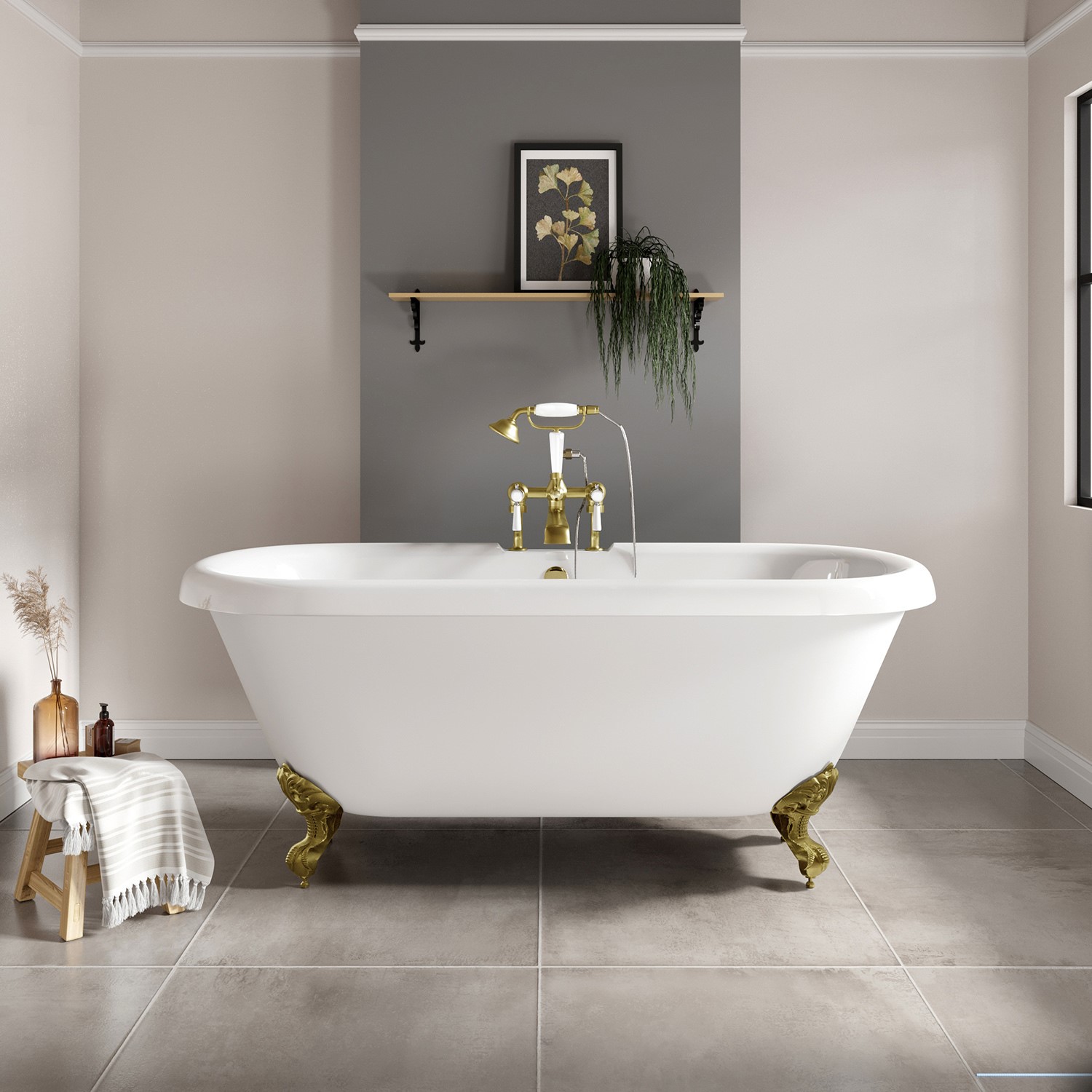 Paintable Freestanding Double Ended Roll Top Bath with Brass Feet 1515 x 740mm Park Royal