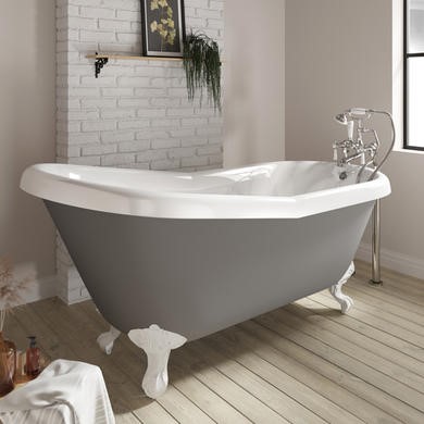 Grey Freestanding Single Ended Roll Top Slipper Bath with White Feet 1615 x 690mm - Baxenden