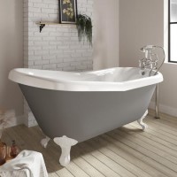 Grey Freestanding Single Ended Roll Top Slipper Bath with White Feet 1615 x 690mm - Baxenden