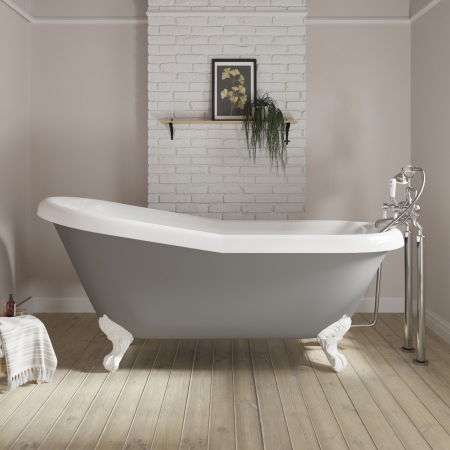 Grey Freestanding Single Ended Roll Top Slipper Bath with White Feet 1615 x 690mm - Baxenden
