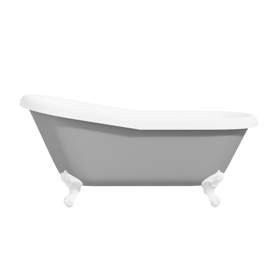 Grey Freestanding Single Ended Roll Top Slipper Bath with White Feet 1615 x 690mm - Baxenden
