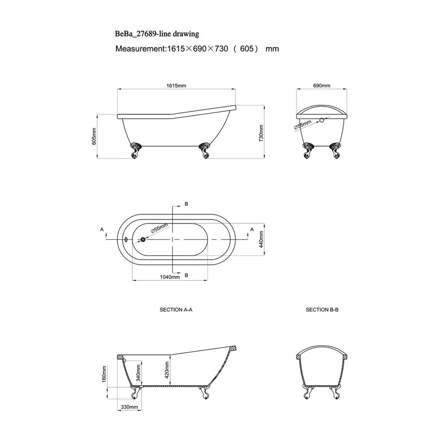 Grey Freestanding Single Ended Roll Top Slipper Bath with White Feet 1615 x 690mm - Baxenden