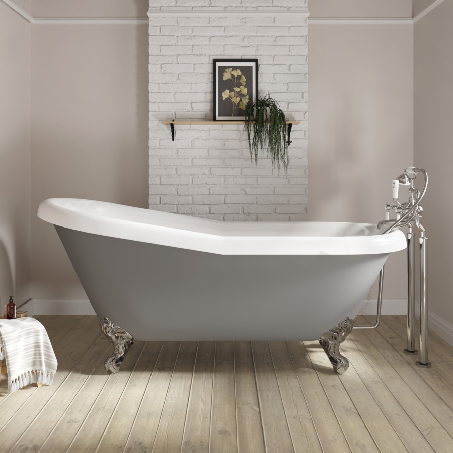 Matt Grey Roll Top Freestanding Slipper Bath with Chrome Feet 1615 x 690mm - Baxenden