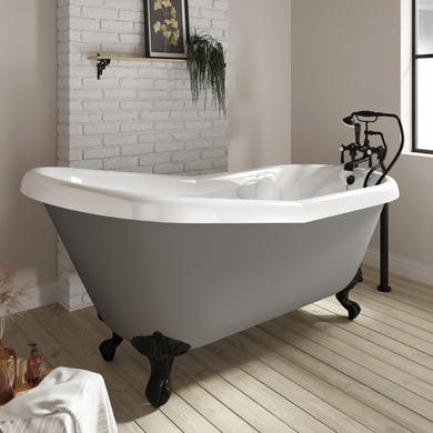 Matt Grey Roll Top Freestanding Slipper Bath with Matt Black Feet 1615 x 690mm - Baxenden