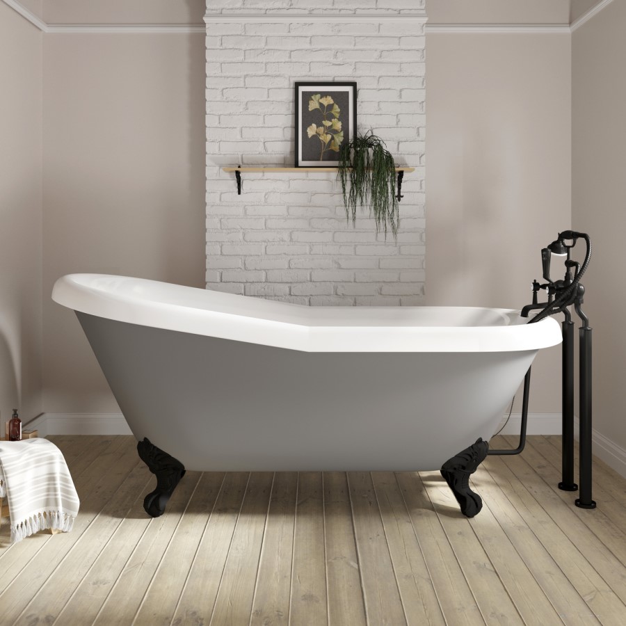 Matt Grey Roll Top Freestanding Slipper Bath with Matt Black Feet 1615 x 690mm - Baxenden
