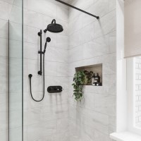 Grade A1 - Black Concealed Shower Mixer with Dual Control & Round Wall Mounted Head and Handset - Camden