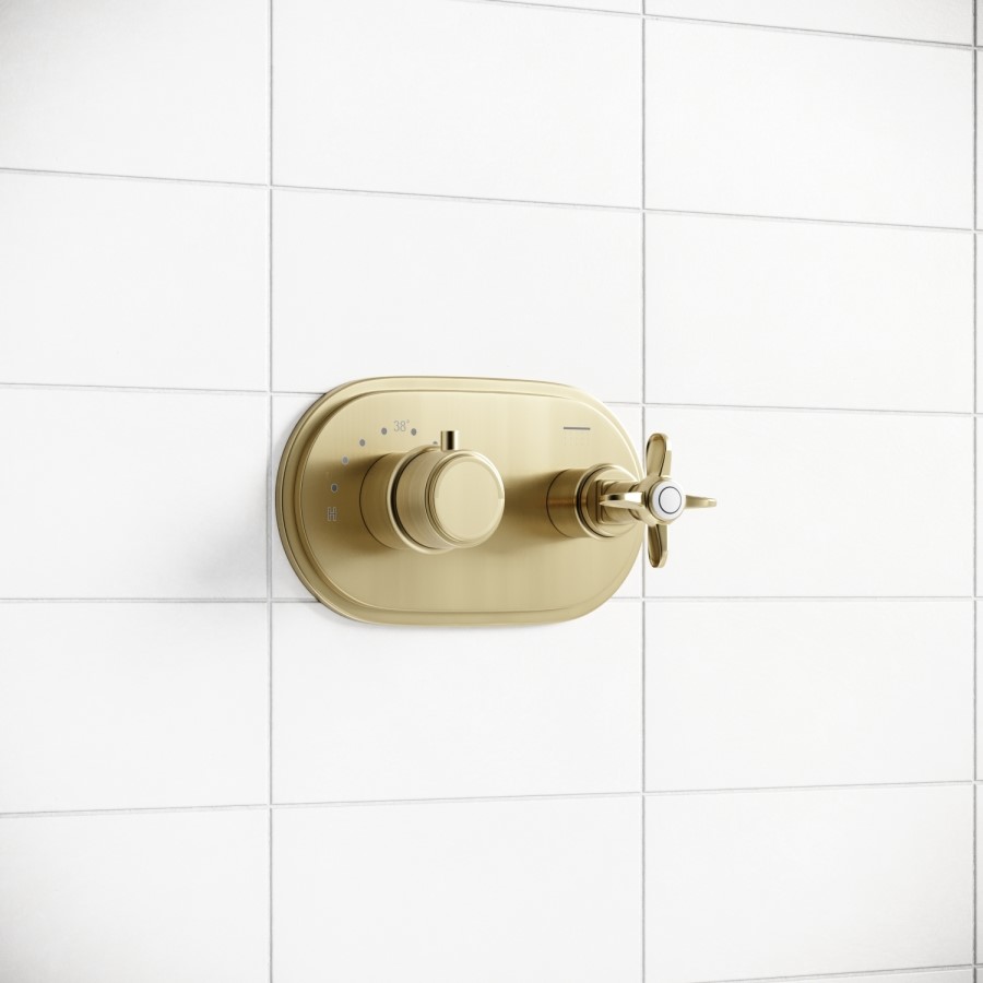 Brushed Brass Single Outlet Ceiling Mounted Thermostatic Mixer Shower - Camden