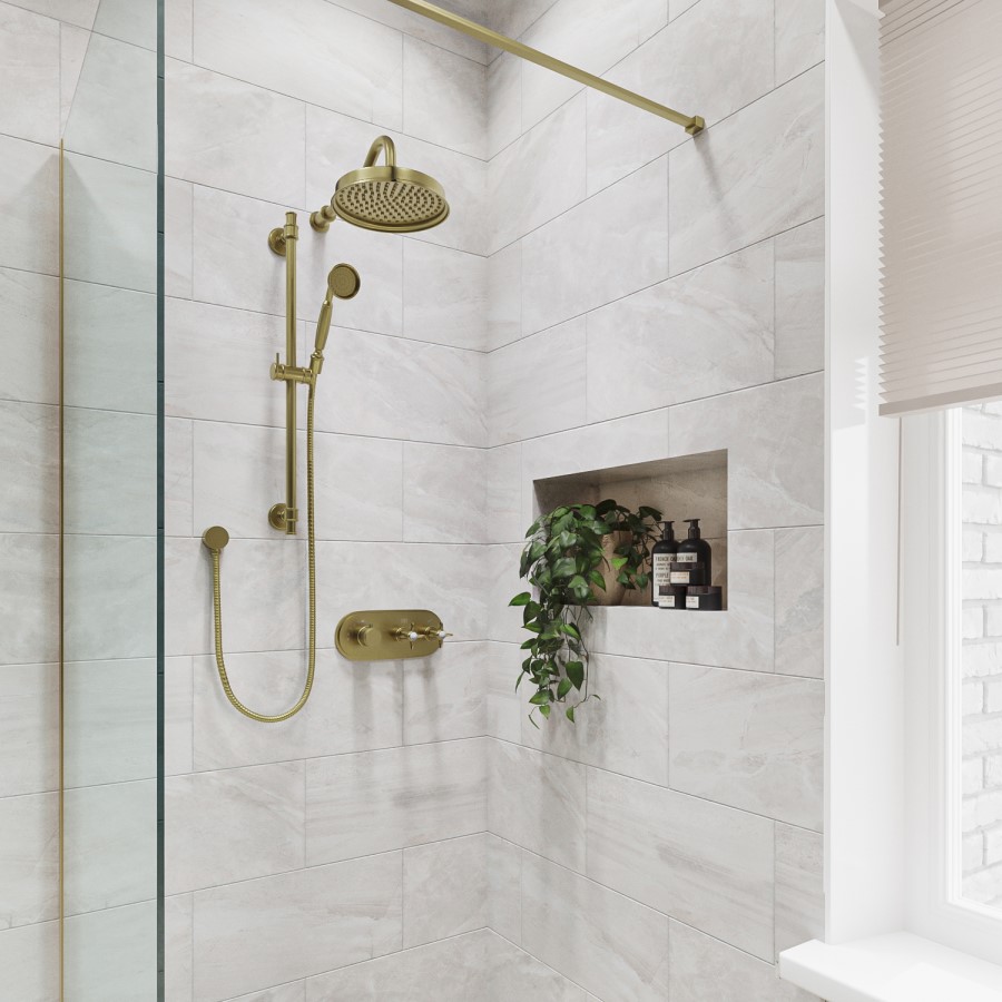 Brushed Brass Concealed Thermostatic Mixer Shower with Wall Shower Head, Slide Rail & Hand Shower - Camden