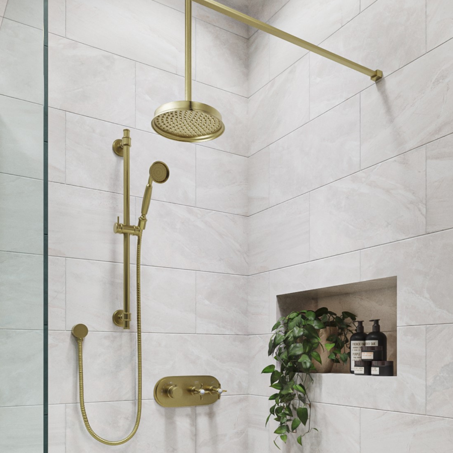 Brushed Brass Concealed Thermostatic Mixer Shower with Ceiling  Shower Head, Slide Rail & Hand Shower - Camden