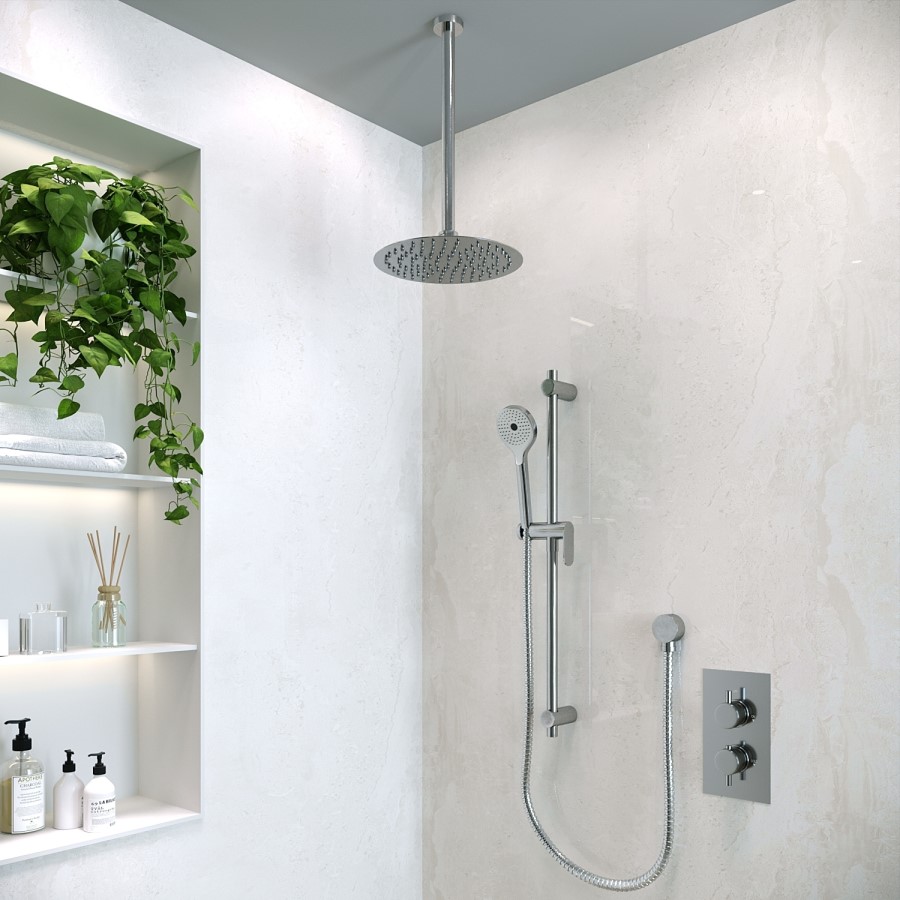 Chrome Dual Outlet Ceiling Mounted Thermostatic Mixer Shower with Hand Shower - Axel
