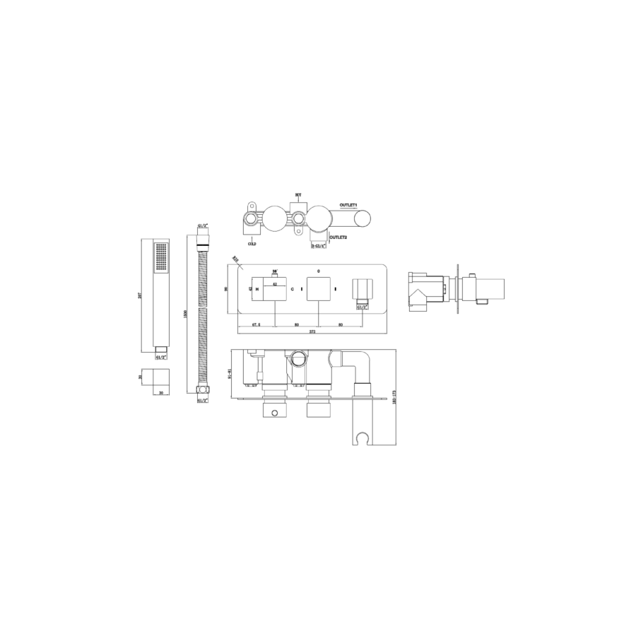 Chrome 2 Outlet  Wall Mounted Thermostatic Mixer Shower Set with Hand Shower - Cube