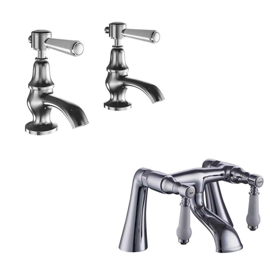 Chrome Traditional Basin Pillar Taps & Bath Filler Tap Pack - Helston