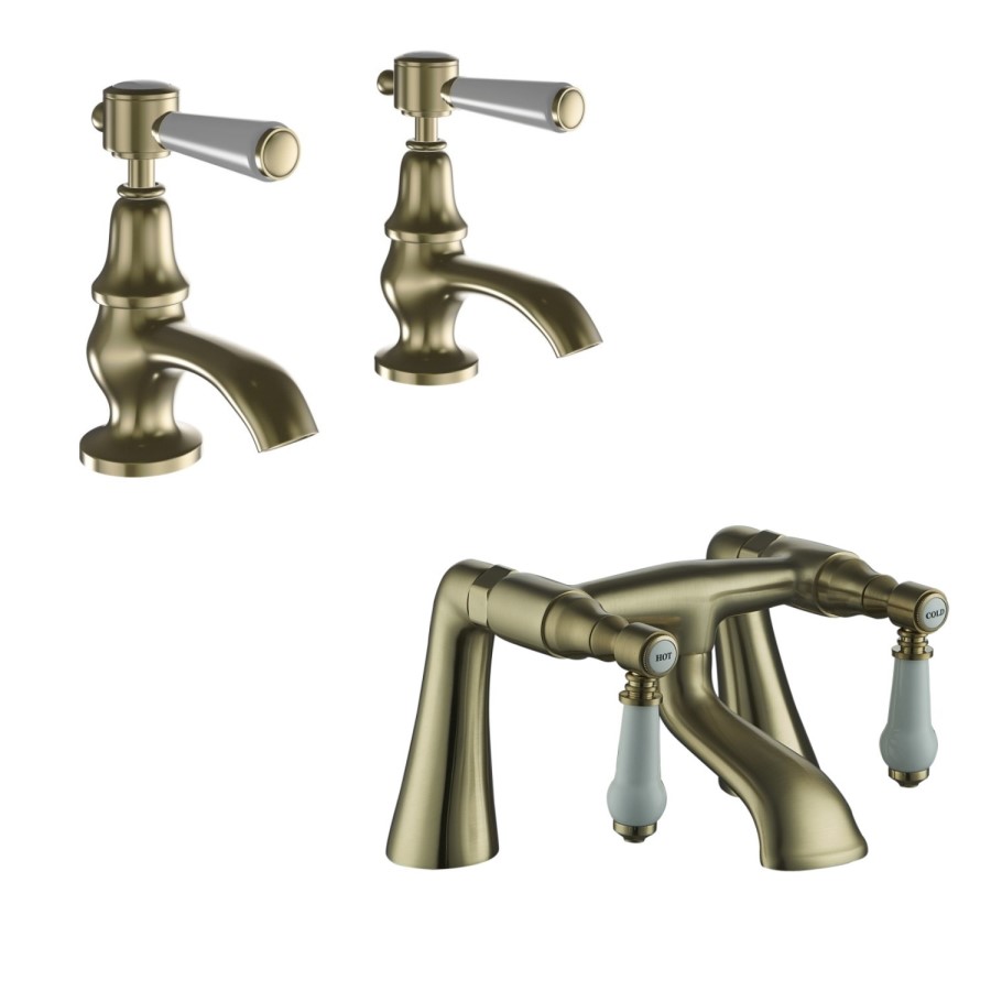 Brushed Brass Traditional Basin Pillar Taps & Bath Filler Tap Pack - Helston