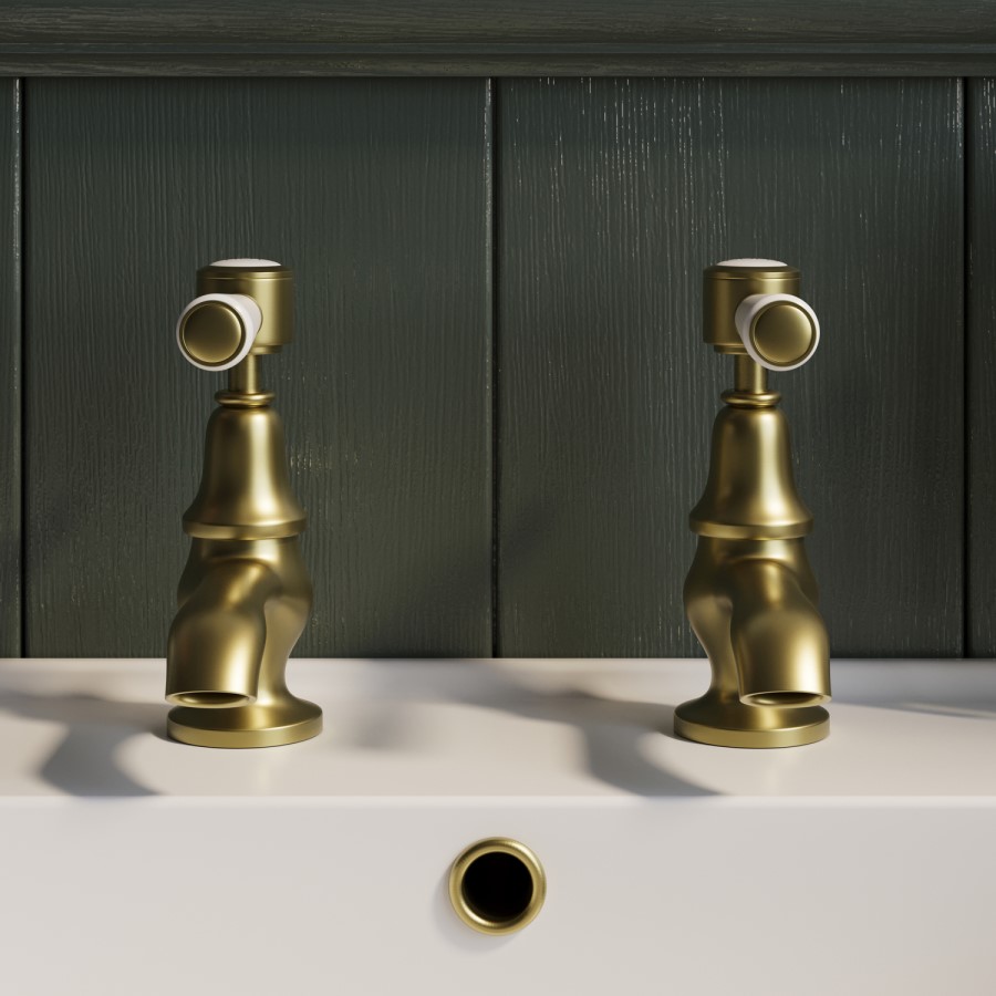 Brushed Brass Traditional Basin Pillar Taps & Bath Filler Tap Pack - Helston