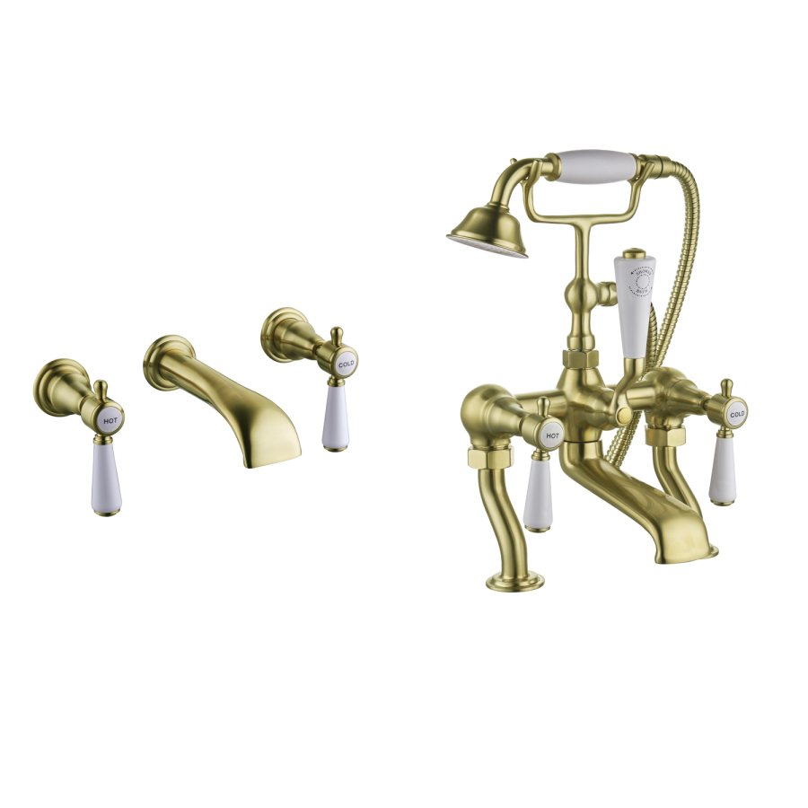 Gold Bath Shower Mixer and Wall Mounted Basin Tap Set - Helston