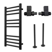 Black Towel Radiator 800 x 450mm with Pipe Kit and Straight Valves - Sahara