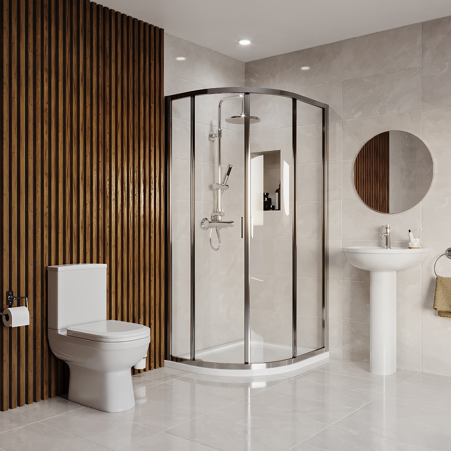 Carina White 900 X 760Mm Right Hand Offset Quadrant Shower Enclosure Suite With Toilet & Basin