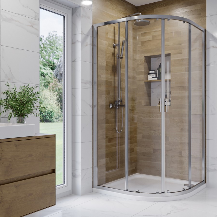 Chrome 6mm Glass Right Hand Offset Quadrant Shower Enclosure with Shower Tray 1200x800mm - Carina