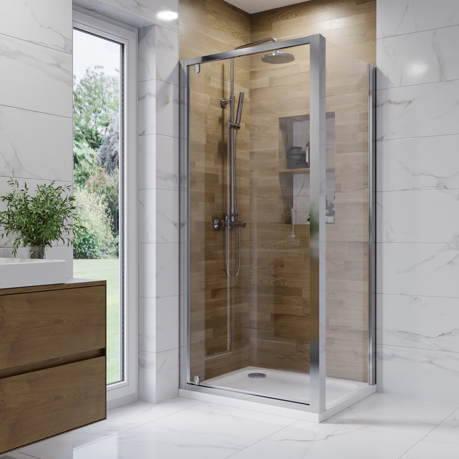 800mm Chrome 6mm Glass Square Hinged Shower Enclosure with Shower Tray - Carina