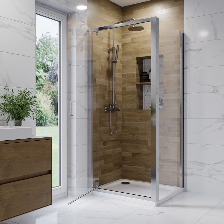 800mm Chrome 6mm Glass Square Hinged Shower Enclosure with Shower Tray - Carina