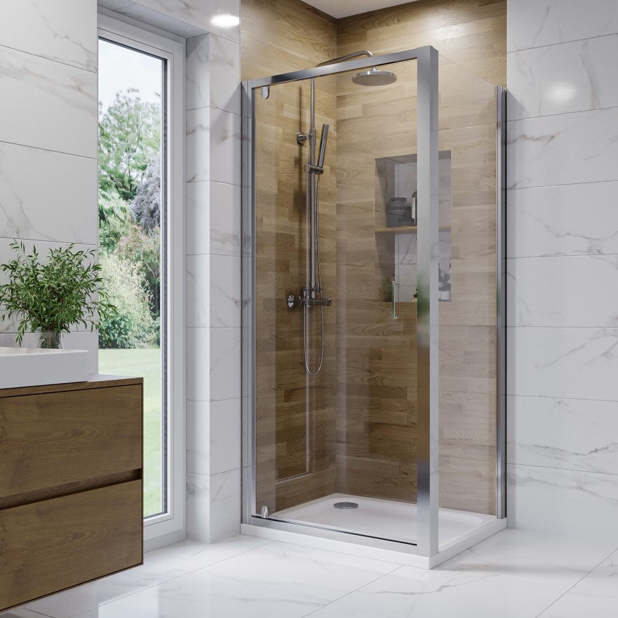 900mm Chrome 6mm Glass Square Hinged Shower Enclosure - Carina