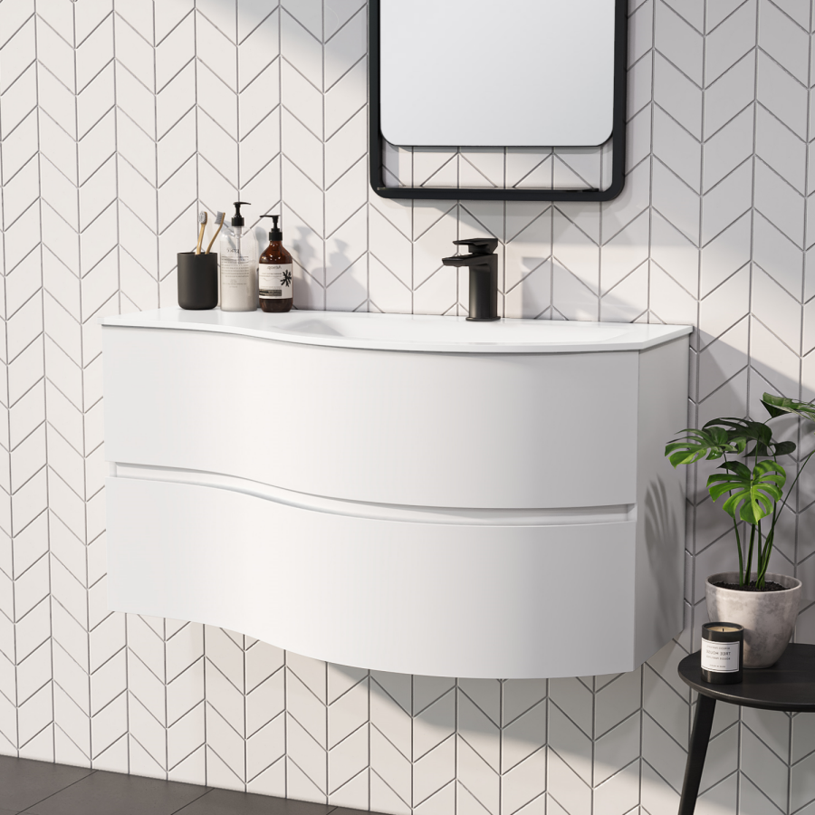 Grade A2 - 1000mm White Wall Hung Right Hand Curved Vanity Unit with Basin - Tulum