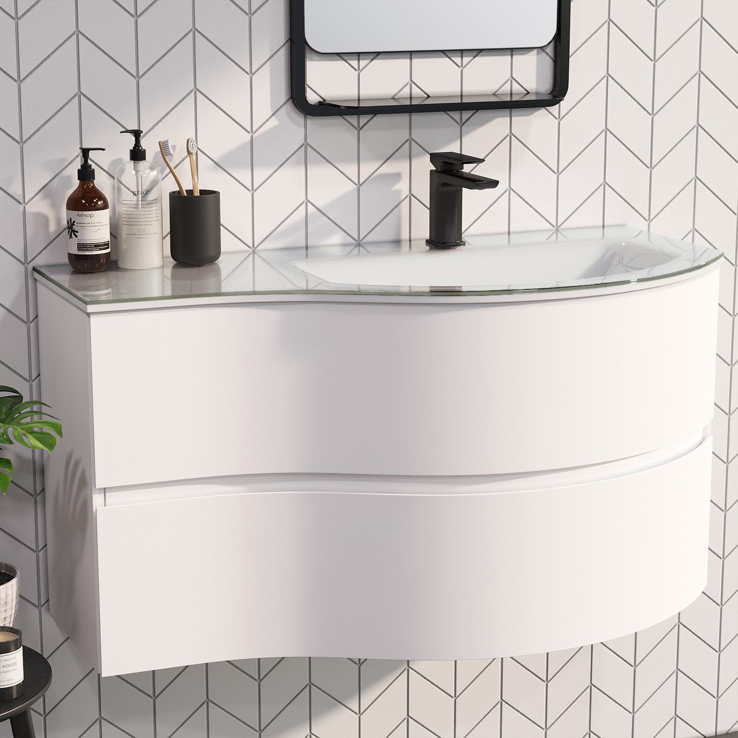 Curved front on sale bathroom vanity