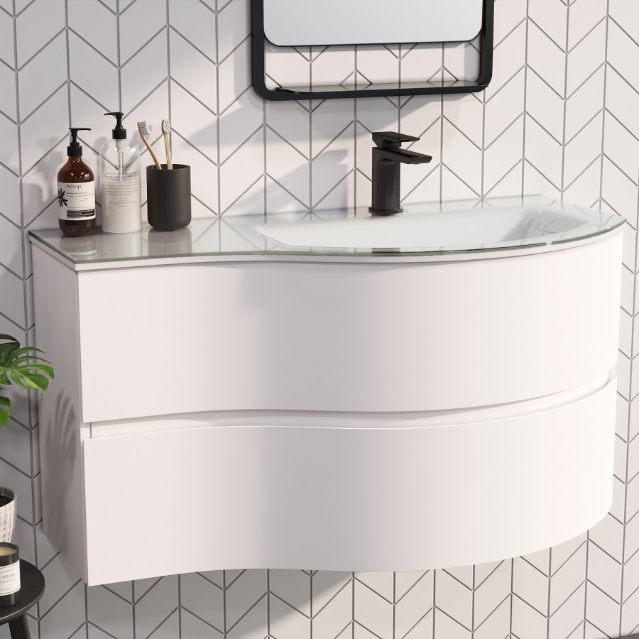 1000mm White Wall Hung Right Hand Curved Vanity Unit with Basin  - Tulum