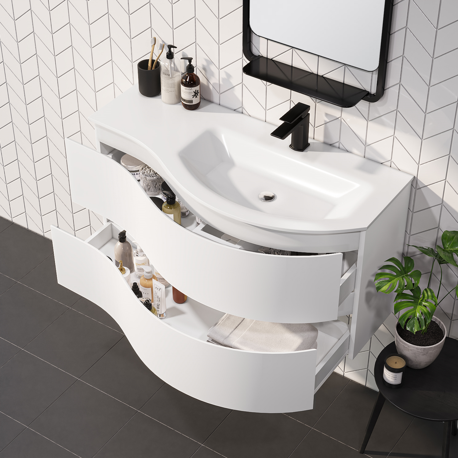 1000mm White Wall Hung Right Hand Curved Vanity Unit with Basin Tulum