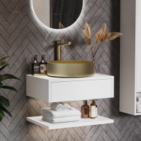 600mm White Wall Hung Countertop Vanity Unit with Brass Basin and Shelves - Lugo 600mm White Wall Hung Countertop Vanity Unit with Brass Basin and Shelves - Lugo