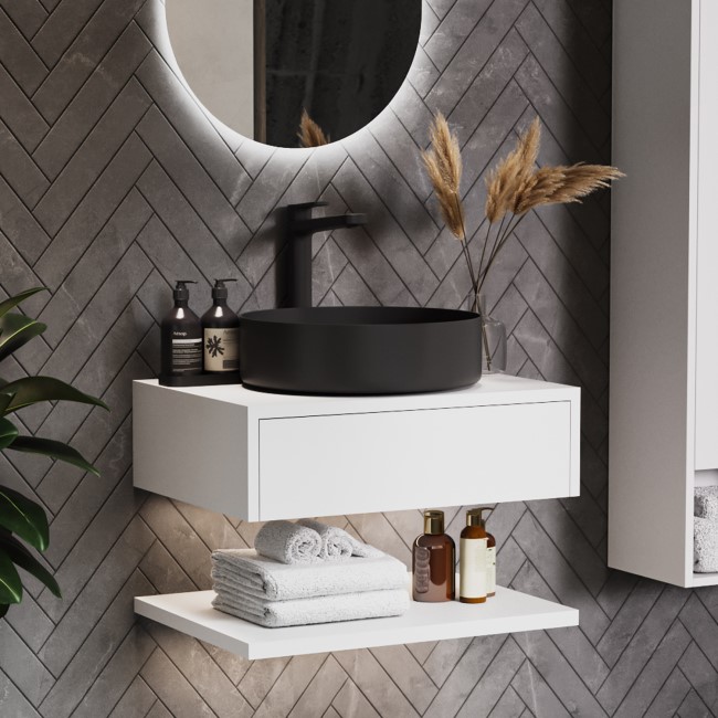 600mm White Wall Hung Countertop Vanity Unit with Black Basin and Shelf - Lugo