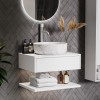 600mm White Wall Hung Countertop Vanity Unit with White Marble Effect Basin and Shelves - Lugo