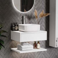 600mm White Wall Hung Countertop Vanity Unit with White Square Basin and Shelves - Lugo 600mm White Wall Hung Countertop Vanity Unit with White Square Basin and Shelves - Lugo