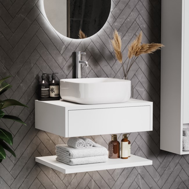 600mm White Wall Hung Countertop Vanity Unit with White Square Basin and Shelves - Lugo