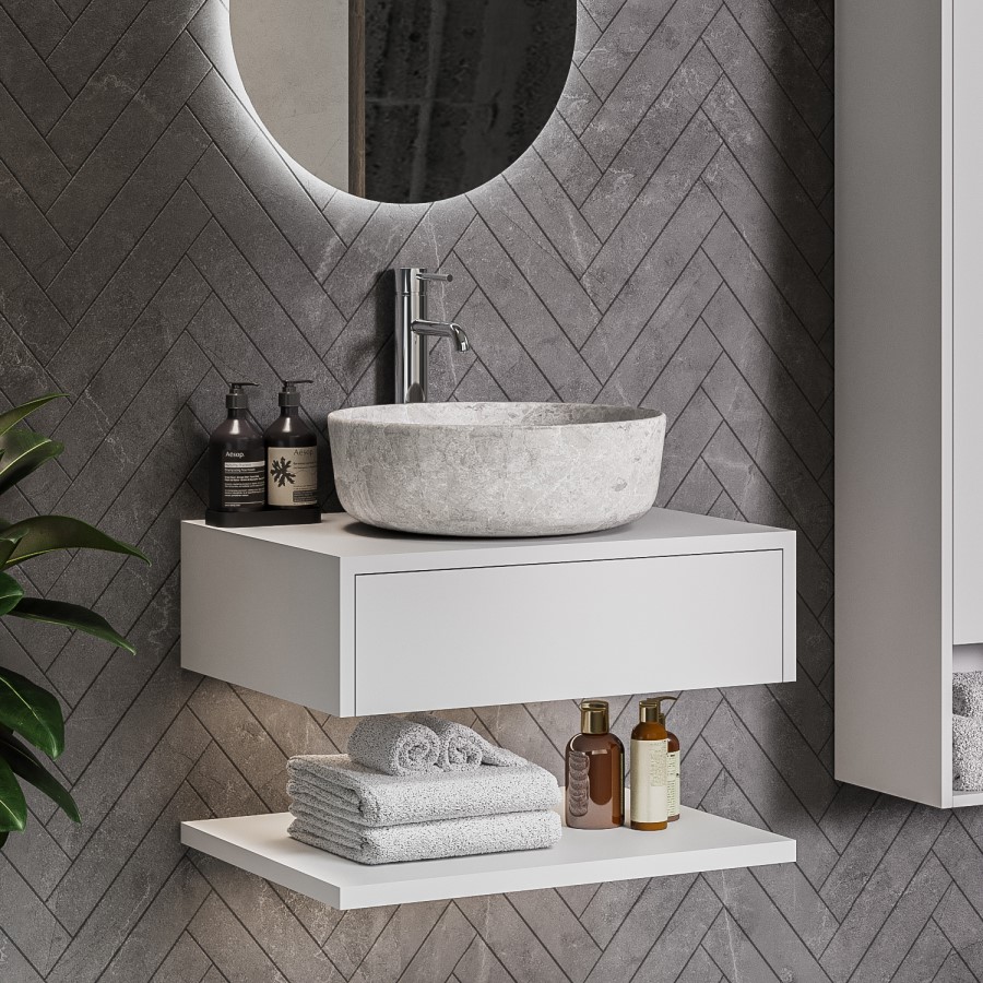 600mm White Wall Hung Countertop Vanity Unit with Stone Effect Basin and Shelf - Lugo