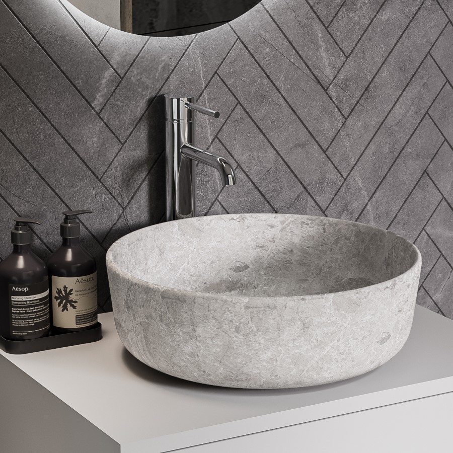 600mm White Wall Hung Countertop Vanity Unit with Stone Effect Basin and Shelf - Lugo