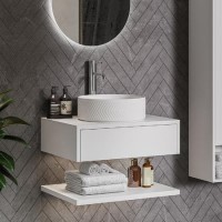 600mm White Wall Hung Countertop Vanity Unit with Chevron Basin and Shelves - Lugo