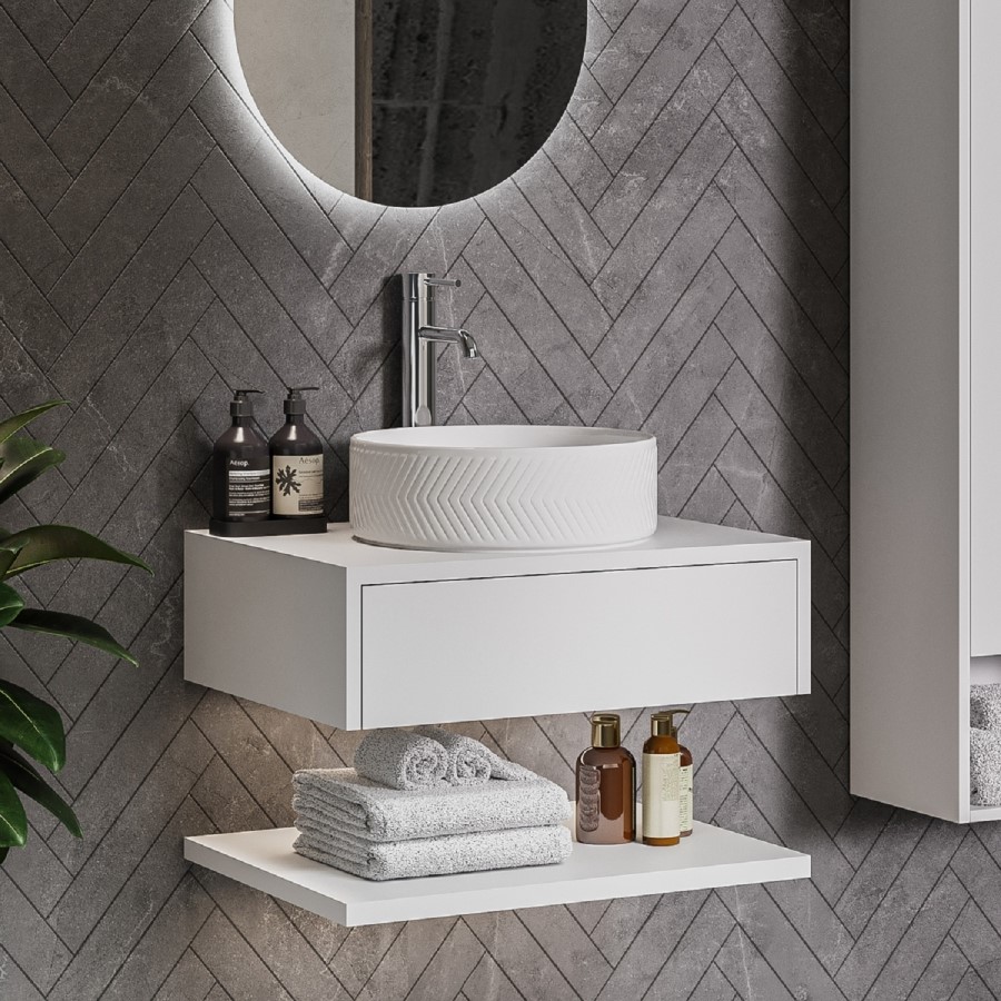 600mm White Wall Hung Countertop Vanity Unit with Chevron Basin and Shelves - Lugo