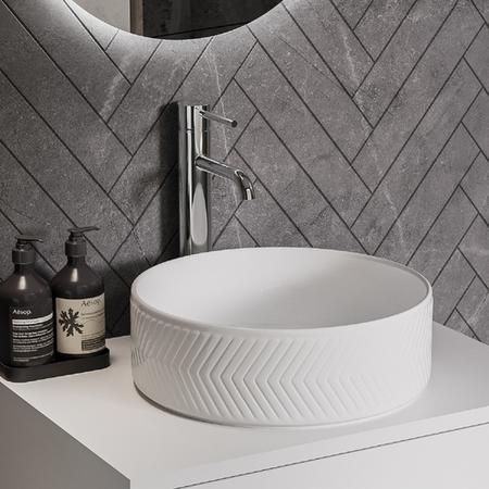 600mm White Wall Hung Countertop Vanity Unit with Chevron Basin and Shelves - Lugo