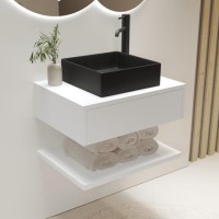 600mm White Wall Hung Countertop Vanity Unit with Black Square Basin and Shelf - Lugo 600mm White Wall Hung Countertop Vanity Unit with Black Square Basin and Shelf - Lugo