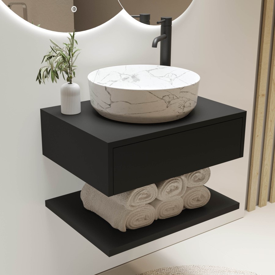 600mm Black Wall Hung Countertop Vanity Unit with White Marble Effect Basin and Shelf - Lugo