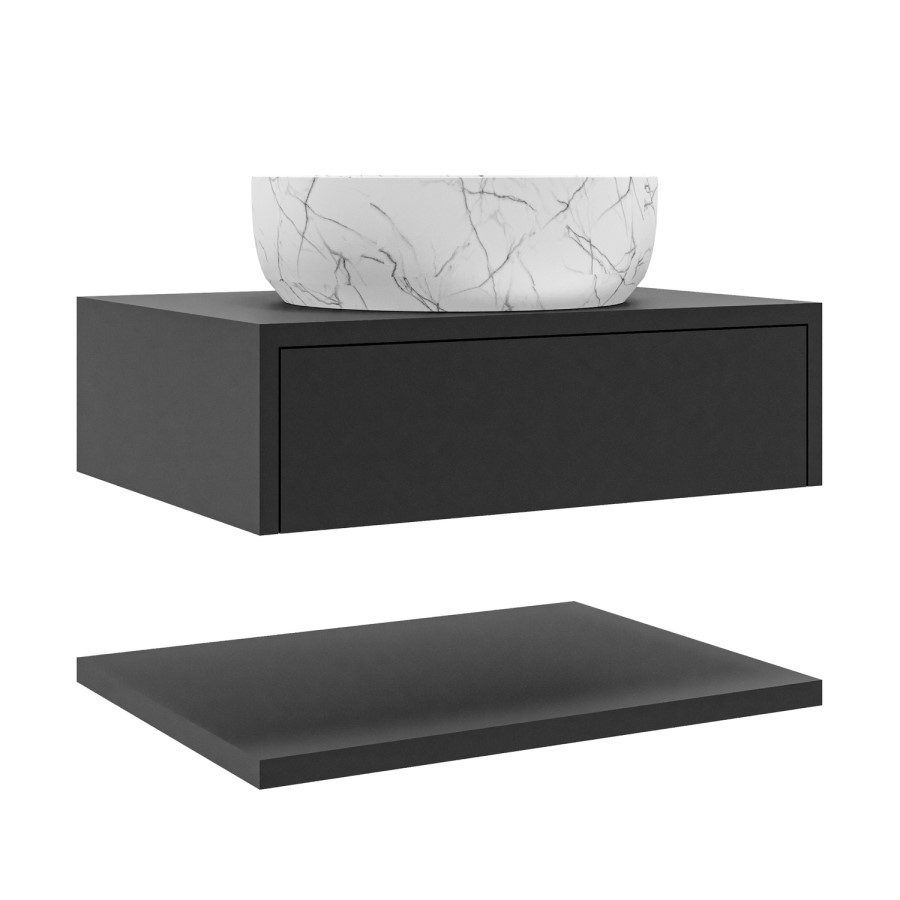 600mm Black Wall Hung Countertop Vanity Unit with White Marble Effect Basin and Shelf - Lugo